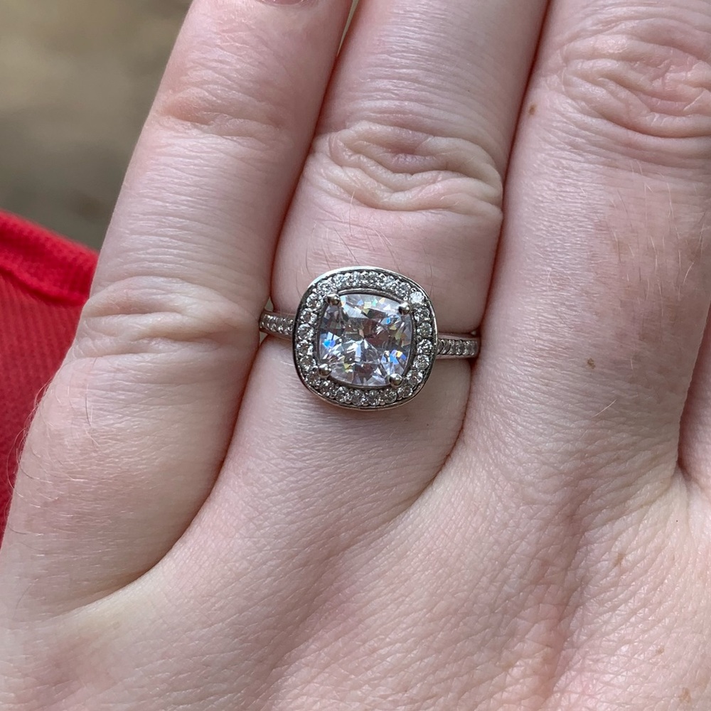 2.4ct Moissanite Cushion Halo Cathedral Engagement Ring 14KT White Gold Size 7